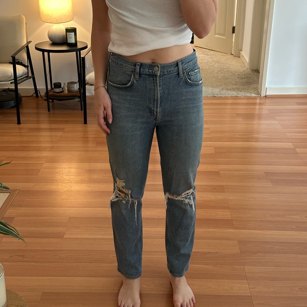 Agolde Blue Distressed Straight Leg Jeans
